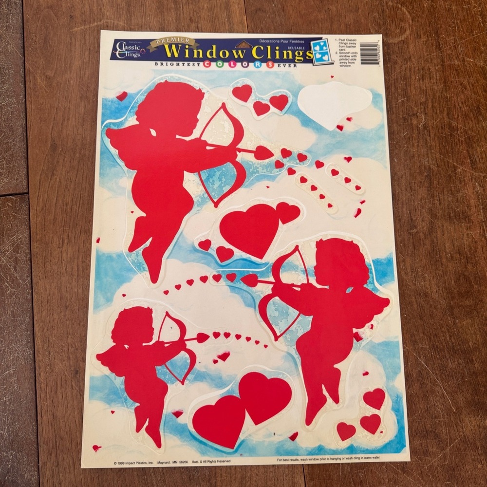 Vintage‎ 1998 Impact Plastics Valentine Cupid Heart Window Clings Red Silhouette